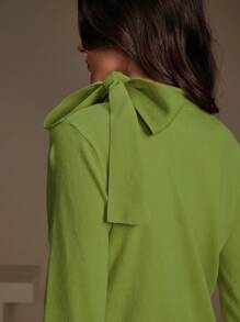 Anewsta Women's Elegant Solid Color Bowknot Shoulder Design Pullover Sweater, Suitable For Autumn, Winter, Going Out, Leisure, Formal, Party, Fashionable, New Year, Christmas, Work, Graduation, Wedding - Green - View 2