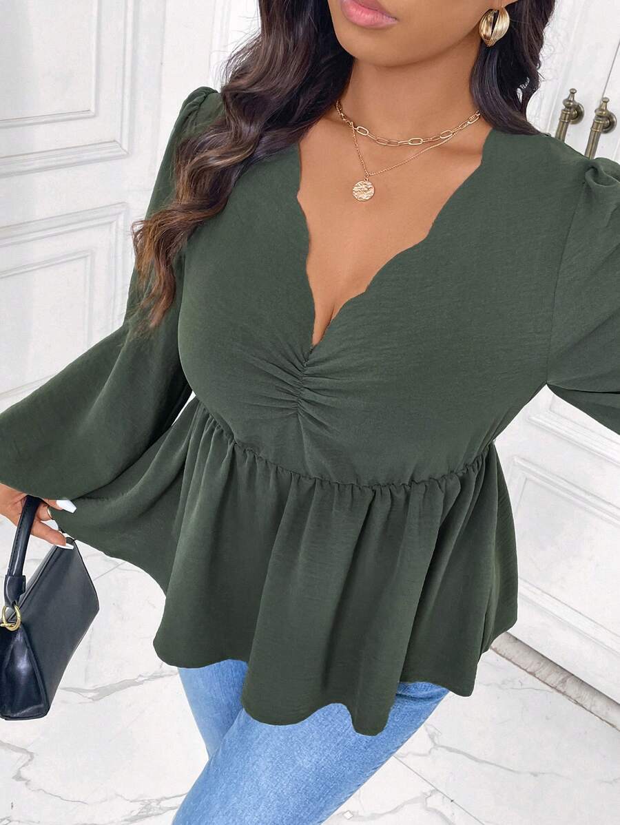 SHEIN Frenchy Plus Size Casual Solid Color Lantern Sleeve Shirt For Autumn - Green - View 1