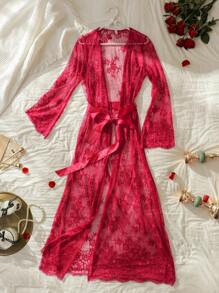 SHEIN Floral Lace Belted Robe Lingerie - Red - View 6