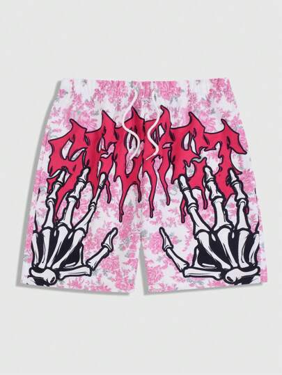 Street Life Men Skeleton & Letter Summer Rose Printed Shorts For Vacation, Halloween
