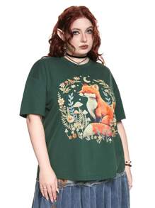 ROMWE Fairycore Plus Size Fox & Floral Print Casual Short Sleeve T-Shirt For Summer
