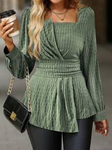 SHEIN Clasi Women Elegant Waist Design Solid Color Square Collar Long Sleeve Shirt - Army Green - View 1