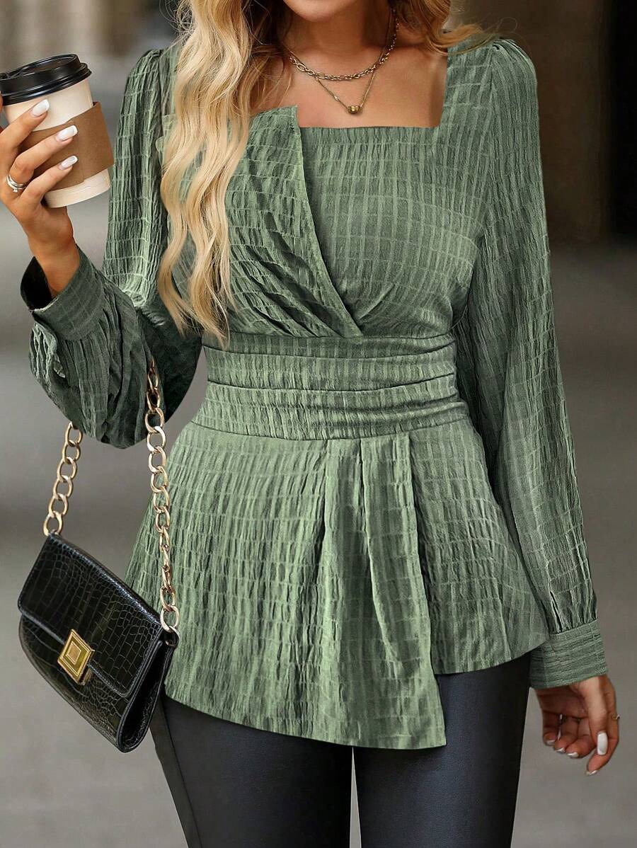 SHEIN Clasi Women Elegant Waist Design Solid Color Square Collar Long Sleeve Shirt - Army Green - View 1