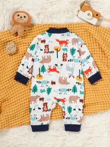 SHEIN Baby Boy Cartoon Fox Print Zipper Long Sleeve Jumpsuit, Spring/Autumn - Multicolor - View 2