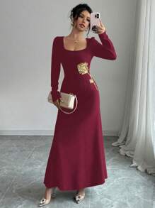 Modelyn فستان طويل منسوج أنيق بياقة مُزَين للسيدات ذو أكمام طويلة وتفصيل متناسق الطول ماكسي، إطلالة للسيدات للمناسبات الرسمية المسائية الطويلة - الأحمر - مشاهدة 3