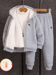 SHEIN Set de 2 piezas de moda para niños pequeños, que incluye un suéter con capucha y cremallera de jacquard con estampado de caballo con forro térmico en gris y pantalones deportivos de jacquard con estampado de caballo con forro térmico en gris, apropiado para uso casual en otoño/invierno