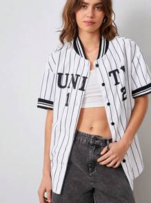 SHEIN EZwear Áo sơ mi sọc in chữ thường ngày dành cho nữ, mùa hè - trắng - Xem 1