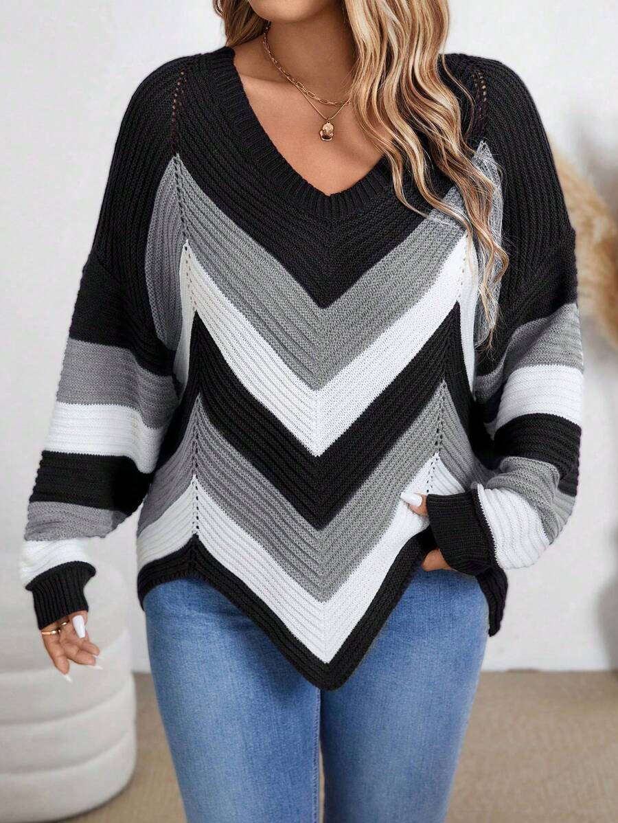 大码女式条纹 V 领落肩长袖宽松针织套头衫，秋冬款