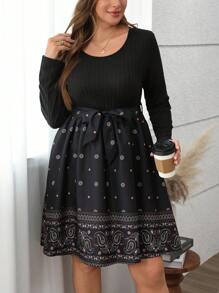 SHEIN LUNE Robe imprimé patchwork décontractée pour grande taille, automne - Noir - Voir 3