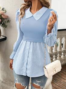 EMERY ROSE Women's Casual Striped Patchwork Puff Sleeve 2 In 1 Top, Spring Autumn Fall Cloth For Women - Baby Blue - View 5