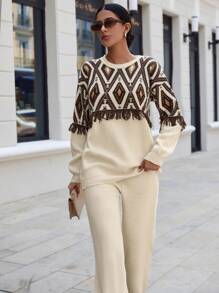 SHEIN Cottnline Geo Pattern Fringe Trim Sweater & Knit Pants - Apricot - View 3