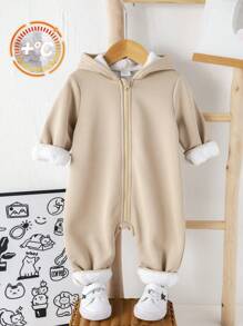 SHEIN Baby Boy And Baby Girl Khaki Plush Lined Soft Knit Loose Hooded Zipper Front Jumpsuit Romper, All-Match Versatile For Indoor And Outdoor Wear, Autumn/Winter