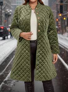 SHEIN Clasi Chaqueta elegante acolchada de terciopelo con botones y bolsillos, adecuada para otoño/invierno, tallas grandes
