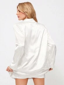 SHEIN EZwear بذلة سهرة نسائية فضفاضة كاجوال، بسترة بدنية لامعة وبنطال ذو ساق واسعة، باللون الأسود - أبيض - مشاهدة 2