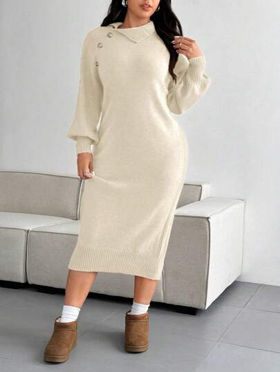 Flirla 大码简约设计纽扣装饰毛衣连衣裙