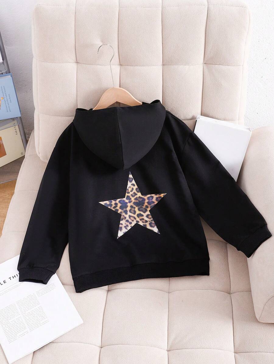 SHEIN Tween Girl Fashionable Leopard & Star Print Hooded Sweatshirt - Black - View 1