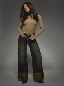 MISSGUIDED 卷边阔腿牛仔裤高腰复古水洗牛仔裤复古喇叭裤秋冬舒适宽下摆卷边休闲裤 - 藏蓝色 - 查看 5