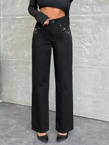 EURMUSE HIGH RISE WIDELEG GREY JEAN WITH DIAMOND - Black - View 6