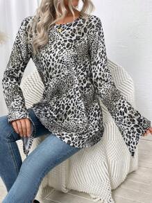 SHEIN LUNE Women Leopard Print Long Sleeve Crew Neck Sweatshirt, Autumn New Arrival