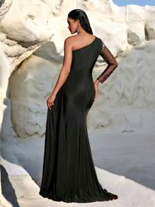 Glamrae Elegant Luxury Black One Shoulder Rhinestones & Pearl Elastic Knit Ruched Slit Fishtail Dress,Long Sleeve Formal Evening Gown For Wedding Guest,Prom - Black - View 2