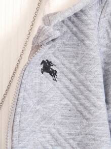 SHEIN Set de 2 piezas de moda para niños pequeños, que incluye un suéter con capucha y cremallera de jacquard con estampado de caballo con forro térmico en gris y pantalones deportivos de jacquard con estampado de caballo con forro térmico en gris, apropiado para uso casual en otoño/invierno
