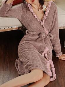 Ruffle Trim Plush Casual Women's Winter Robe - Mauve Purple - View 1