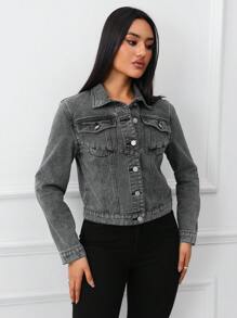 Women Single Breasted Casual Denim Jacket, Versatile For Autumn