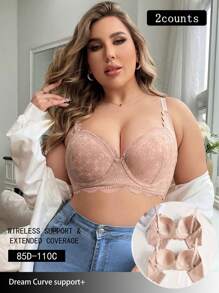 Wedaily 2pcs Set Bra Tanpa Kawat Motif Renda Patchwork untuk Wanita Ukuran Plus - Aprikot - View 6