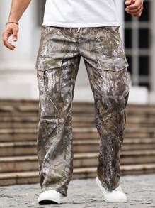 Manfinity LEGND Men's Branch Printed Drawstring Pocket Casual Cargo Pants, Versatile - Army Green - View 1