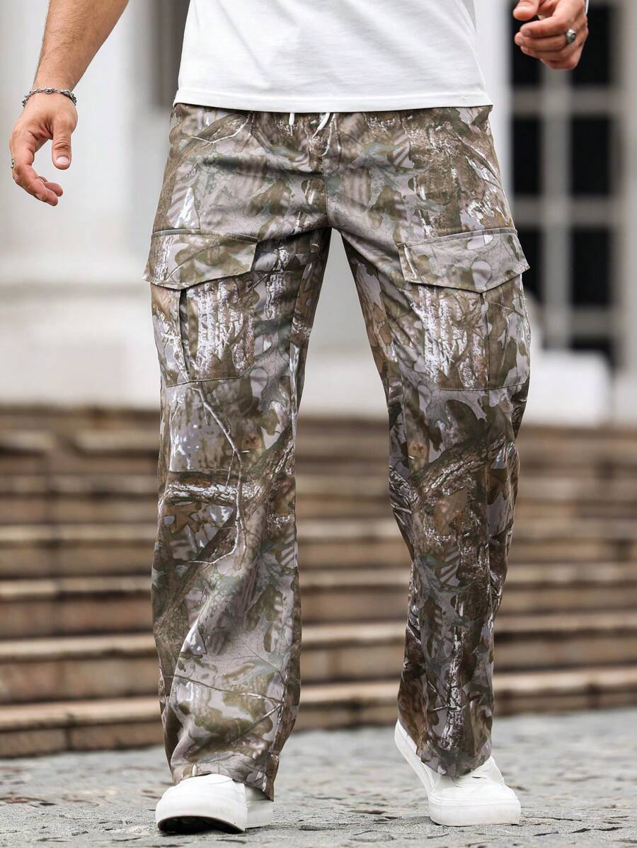 Manfinity LEGND Men's Branch Printed Drawstring Pocket Casual Cargo Pants, Versatile - Army Green - View 1