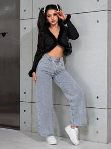 SHEIN PETITE Plain Pocket Casual Versatile Straight-Leg Jeans