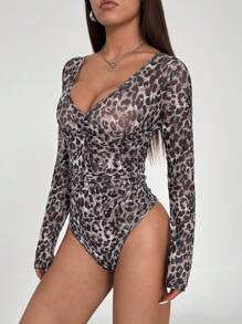 Flirla Women's Leopard Print V-Neck Crossed Draped Ruched Sexy Bodysuit With Long Sleeves