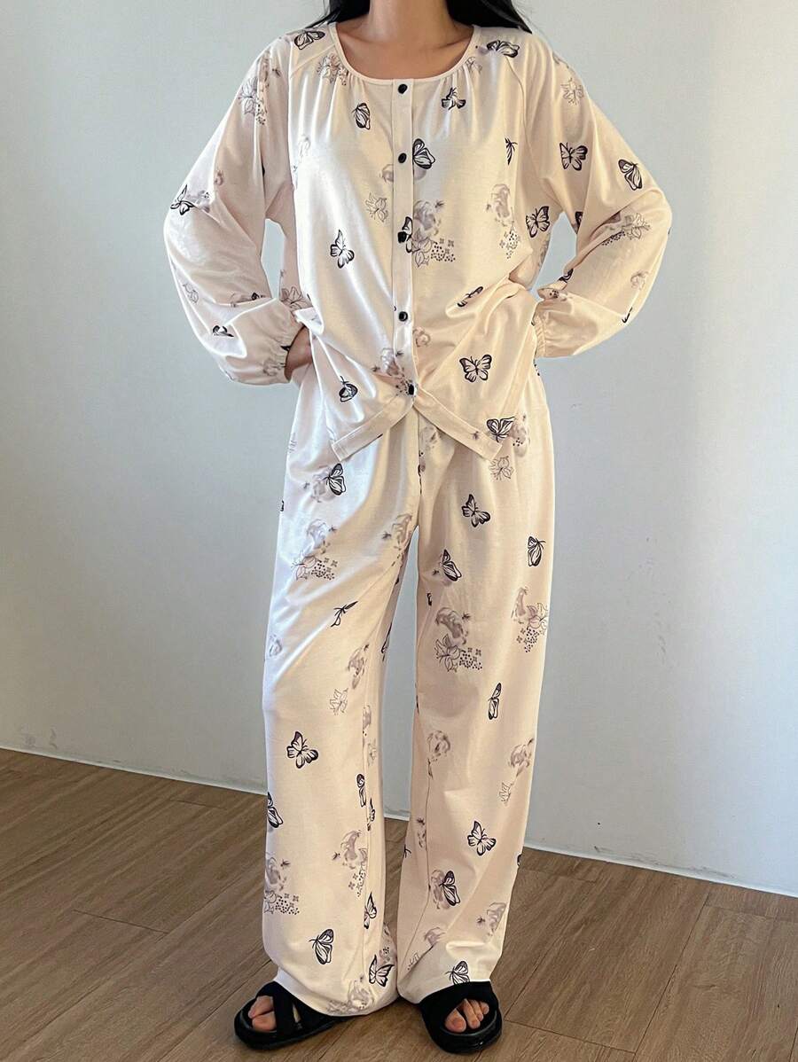 DAZY Butterfly Print Pleated Lantern Sleeve Loose Long Sleeve Pajama Set Fall,Winter - Beige - View 1