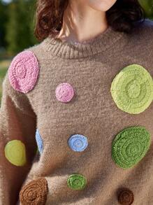 SHEIN Unity Brown Vintage Embroidery Circle Pattern Women Long Sleeve Sweater Cute Outfits 3D Floral Design - Brown - View 6