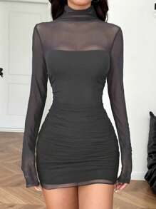 Muchica Women's Sexy See-Through Net Ruched Form-Fitting Mini Dress - Grey - View 3