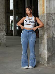 SHEIN ICON Plus Size Women's High Waisted Frayed Hem Flared Casual Versatile Jeans - Blue - View 4