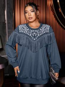Calvaya Plus Size Dames Ronde Hals Trui Gebreid Bedrukt Kwastje Strass Versierd Lange Mouw Hoodie