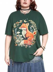 ROMWE Fairycore Plus Size Fox & Floral Print Casual Short Sleeve T-Shirt For Summer