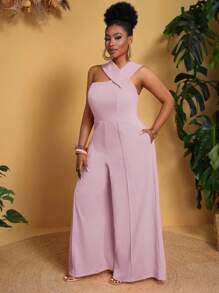 Slaydiva Plus Size Vacation Casual Solid Color Asymmetric Neck Wide Leg Jumpsuit - Purple - View 1