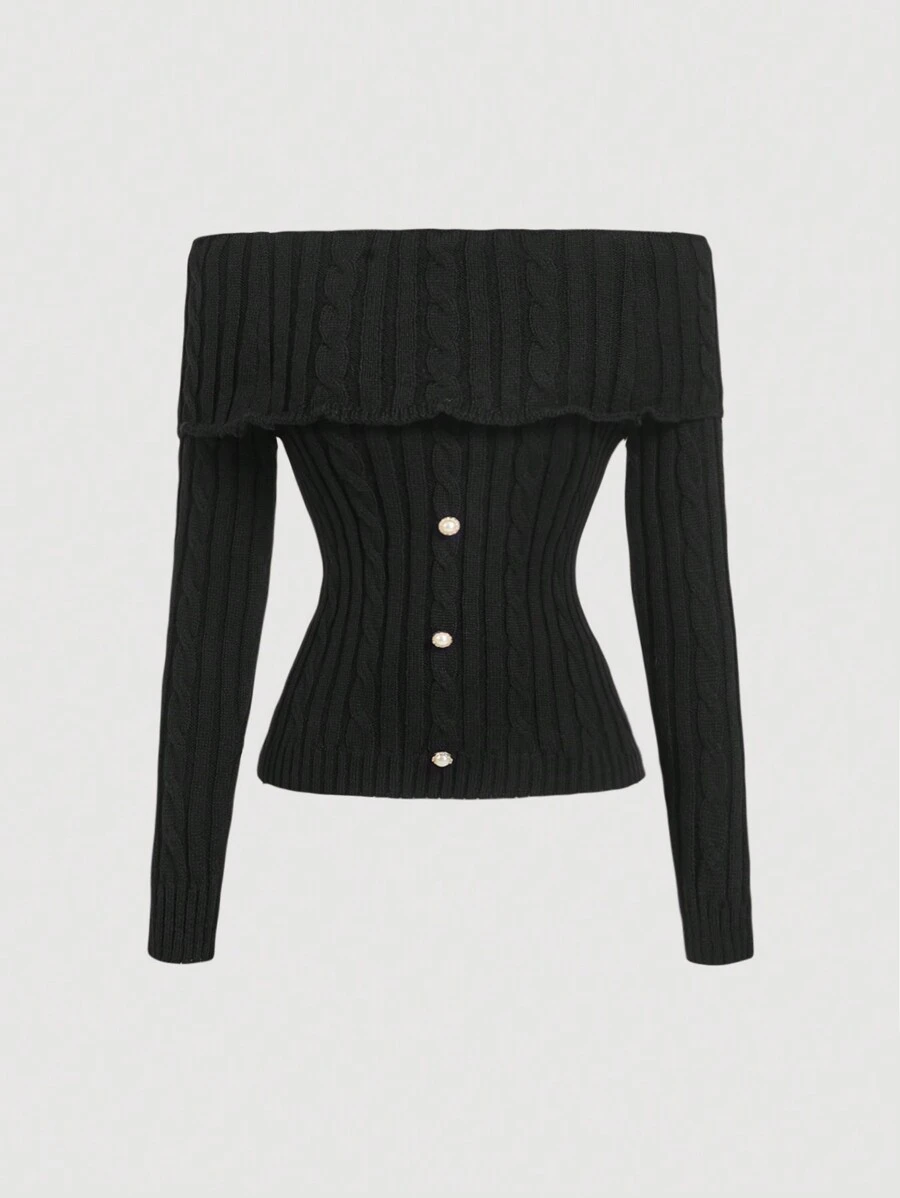 SHEIN MOD Off-Shoulder Cable Knit Front Pearl Button Elegant Black Sweater, Autumn And Winter Sweater, Sexy One-Shoulder Sweater, Clothing - Black - View 1