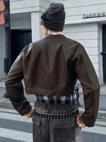 Manfinity VCAY Men's Woven Casual Loose PU Leather Jacket, Fashion Daily Wear Going Out Long Sleeve Lightweight Jacket, For Friends, Husband, Boyfriend Gifts, For Fall Winter - Brown - View 2