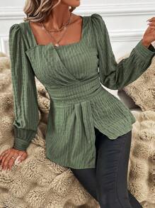 SHEIN Clasi Women Elegant Waist Design Solid Color Square Collar Long Sleeve Shirt - Army Green - View 5