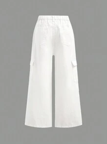 SHEIN Pantalones vaqueros anchos y holgados con diseño de cortes, rotos, deshilachados y bolsillos cargo, para niñas preadolescentes, apropiados para uso diario y para las cuatro estaciones.