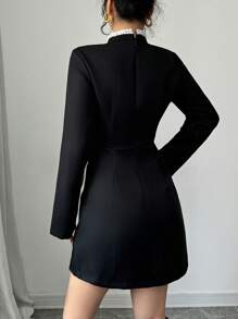 Selianne Mid To High Neck Short Pearl Decor Flap Pocket Dress Fall Cloth For Women - Black and White - View 2