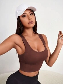 Gameset SHEIN Sport 简约纯色可拆卸罩杯运动文胸 - 棕色 - 查看 4