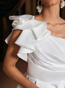 SHEIN Belle Elegant Luxurious One Shoulder Ruffle Asymmetric Dress With Tie Back, Suitable For Wedding, Party, Vacation, Bridal, Gift, Bridal Shower Dress,Bride