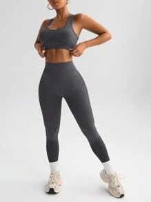 Slayform 女士无袖简约短款上衣和长裤休闲运动套装健身套装女士健身套装女士紧身裤套装 - 深灰色 - 查看 2