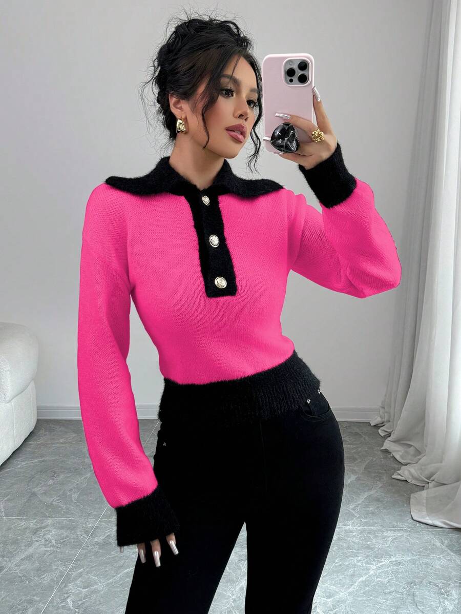 Selianne 女士撞色 Polo 领落肩长袖休闲针织套头衫,秋冬款 - 玫紅色 - 查看 1