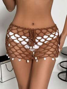 Women's Summer Seashell Trim Crochet Openwork Cover-Up With Drawstring Hem & Skirt - Coffee Brown - View 4