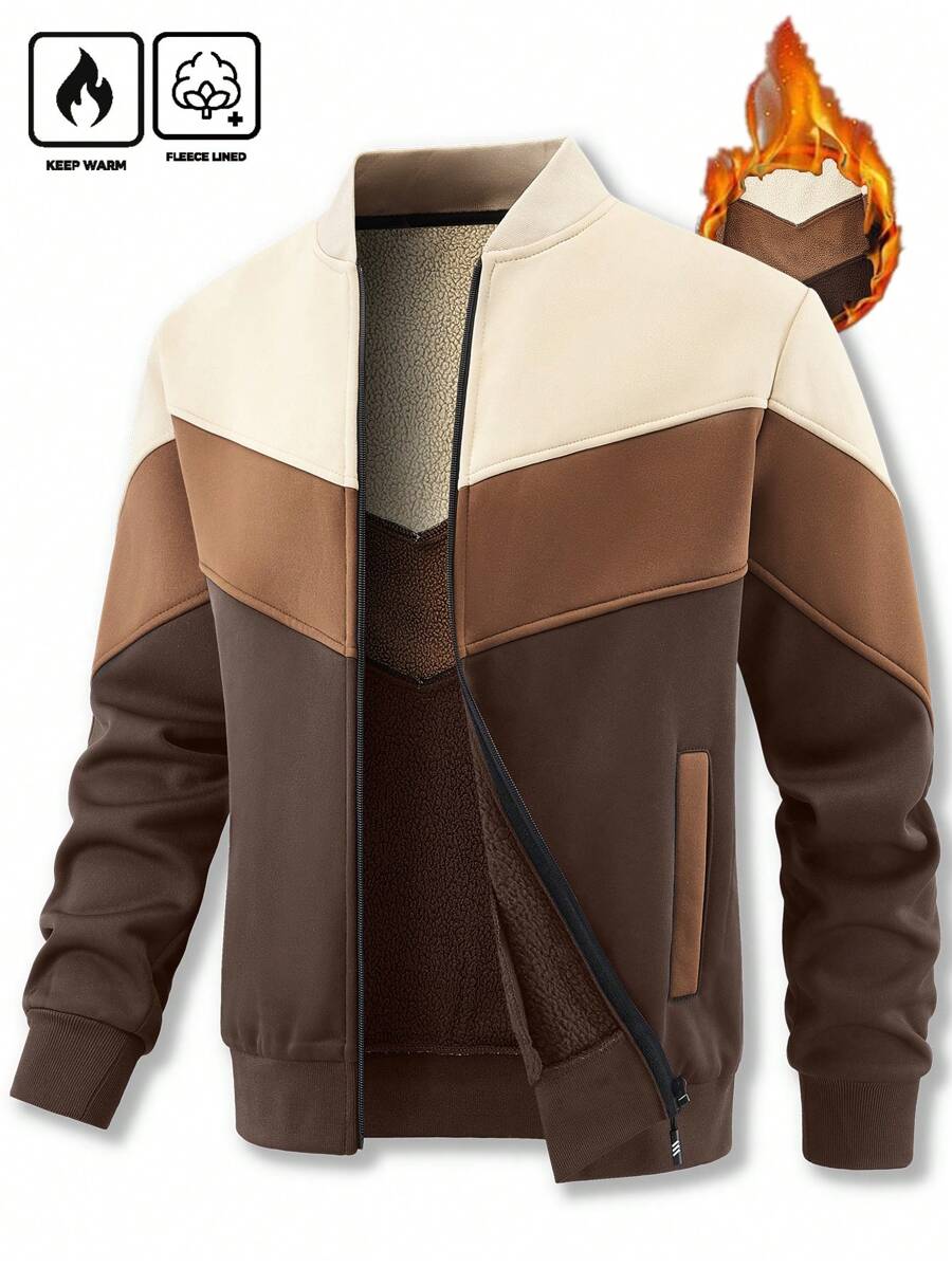 Manfinity Homme Men's Long Sleeve Zip-Up Collar Casual Loose Fit Thermal Lined Jacket, Autumn Winter - Chocolate Brown - View 1